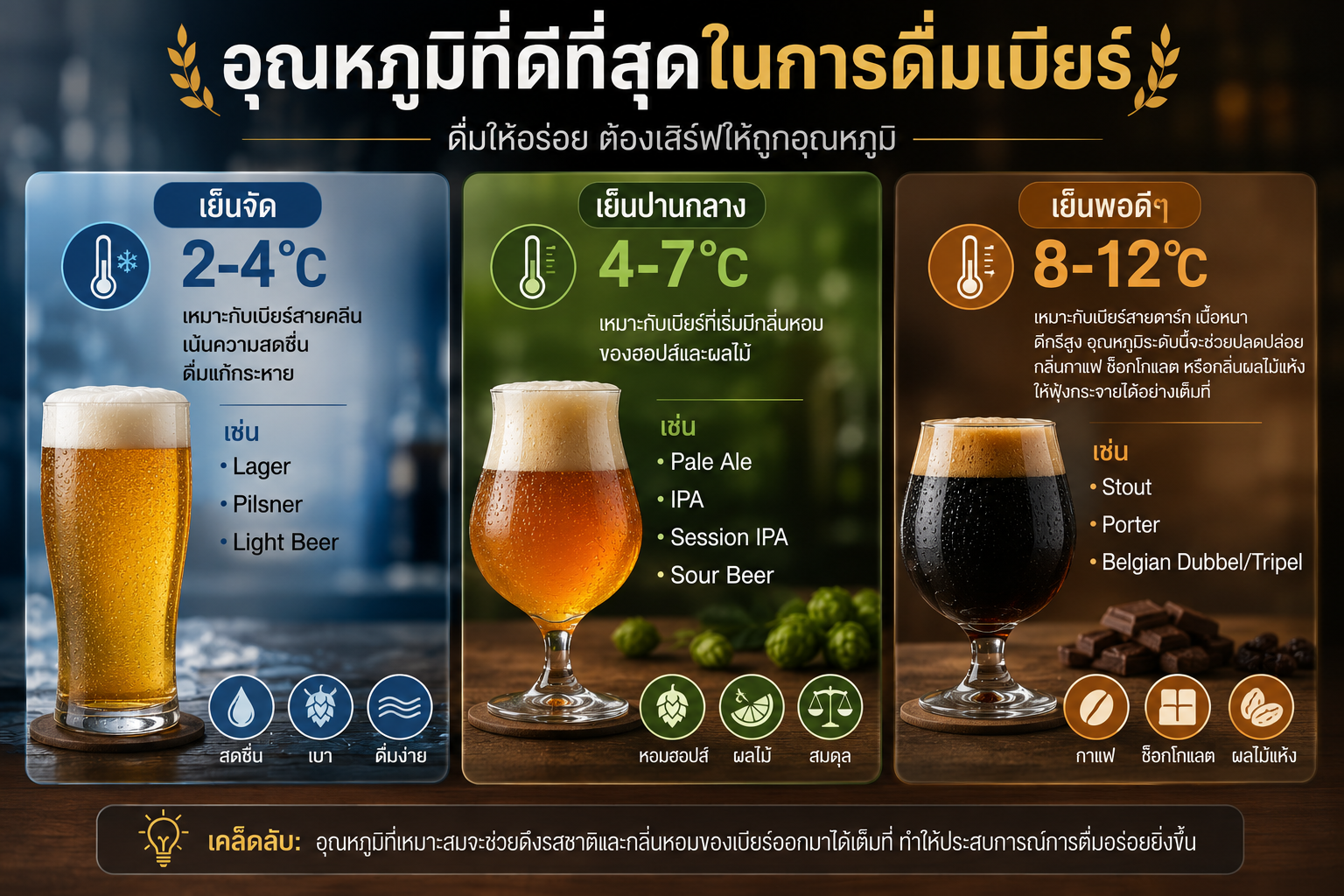 ตัวอย่างแก้วเบียร์ 3 แบบหลักสำหรับคราฟต์เบียร์