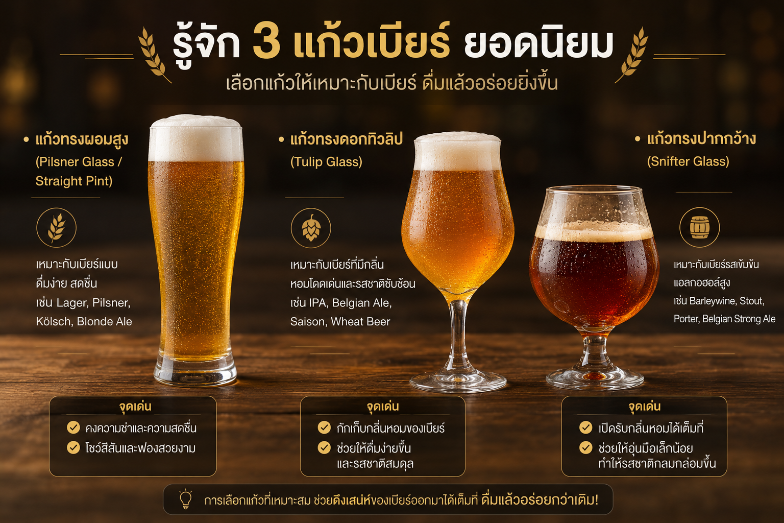 ตัวอย่างแก้วเบียร์ 3 แบบหลักสำหรับคราฟต์เบียร์